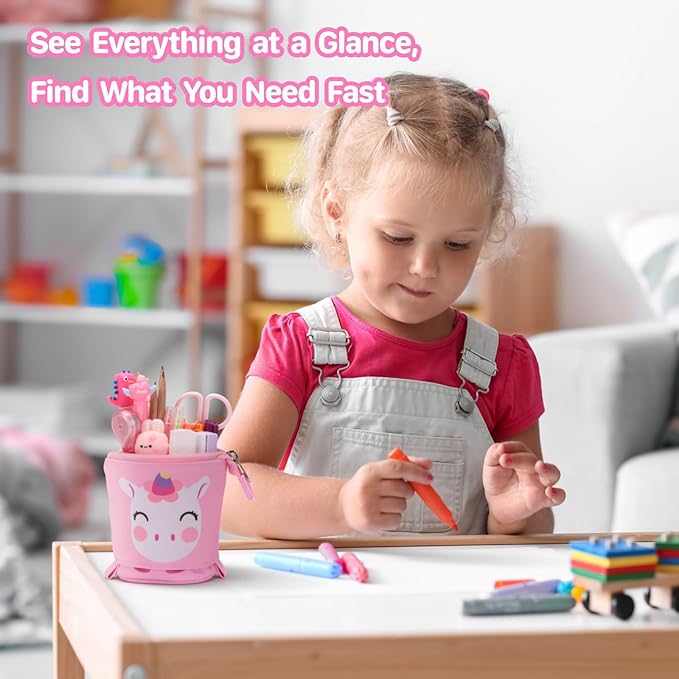 Standing Pencil Case Girls - Telescopic Pouch for Kids, Cute Kawaii Pencil Case for Girls, Big Capacity Stand Up Pencil Pouch for Kids, Pink Unicorn