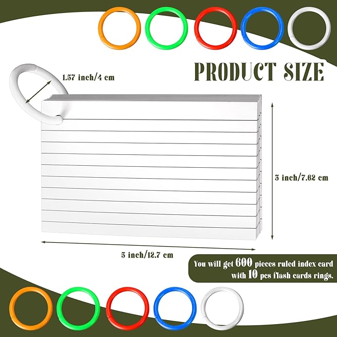 600 PCS White Index Cards Ruled, 3 x 5 Inches Flash Cards with Ring, Note Cards Study Cards for School Learning and To to Lists
