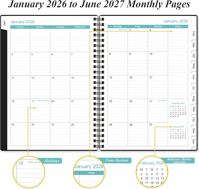 2026-2027 Monthly Planner - January 2026 - June 2027, Two Pages Per Month, 18 Monthly Calendar/Planner with Tabs, Inner Pocket, 6.4" x 8.5", Black