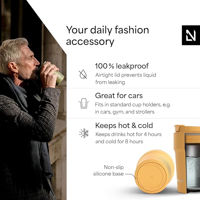 LARS NYSØM Thermo Coffee Mug to go 13oz | Travel Mug 0.38 Liter with Insulation | Silicone grip base | Leak Proof Stainless Steel Tumbler for Coffee and Tea on the Go (Powder Yellow, 13oz)