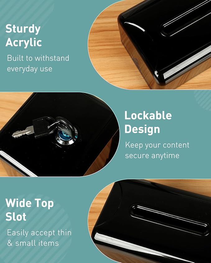 Uniclife 2 Pack Acrylic Donation Box for Fundraising, Black Suggestion Box with Slot and Lock, Desktop Ballot Box Tip Jar, Storage Container for Voting Comment Collection, 7.3" x 4.5" x 3.9"