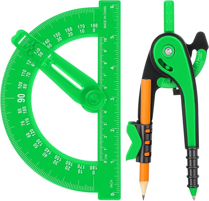 Zonon 2 Pcs Student Protractor and Compass, Student Geometry Math Set Drawing Compass and 180 Degree 6 Inch Protractor with Swing Arm for Drawing Measuring School Office (Green)