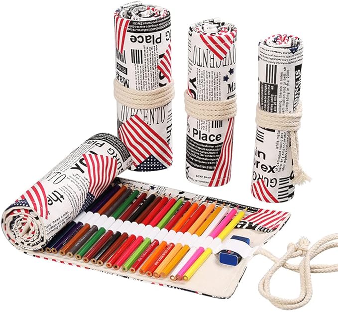 DIYOMR 24/36/72 Slots Pencil Wrap - Roll Up Bag with Short Brushes Pouch Case for Drawing, Coloring and Sketching - NO PENCILS (Flag, 36 Slots)