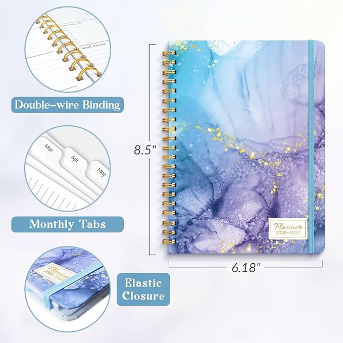Lonely Oak Academic Planner 2026-2027, Daily Weekly and Monthly Agenda Planner 6.18" x 8.5" with Tabs, 12 Months Spiral School Year A5 Calendar from Jul.2026 to Jun.2027 for Student and Teacher (Blue Marble)