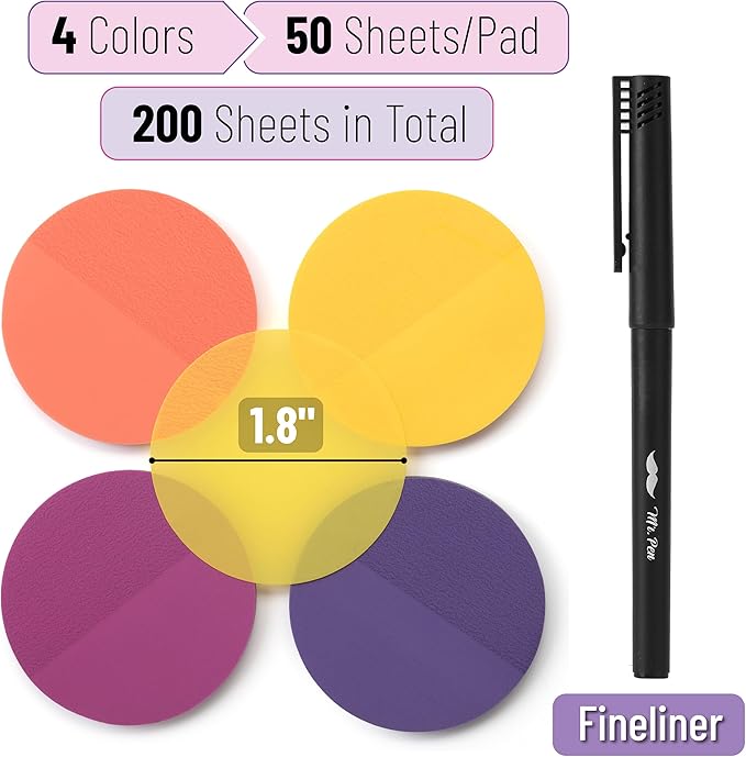 Mr. Pen- Round Transparent Sticky Notes, 1.8”, 4 Pads with Black Fineliner, 200 Sheets, Smooth Writing, Water-Resistant, Clean Removal, Easy-Peel Sticky Notes for Bible Journaling & Planning