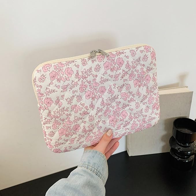 Puffy Laptop Sleeve 13-15.6 Inch Cute Quilted Laptop Protective Case Padded Floral Computer Sleeve for MacBook (B-Pink Floral, 11 Inch)