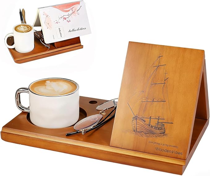 Triangle Book Holder with Sailboat Design,Nautical Wooden Book Stand for Reading Valet with Cup Holder, Mini Bookshelf,Tablet Stand for Book Lover，Sailor Birthday&Mothers Day Gift Coastal Home Decor