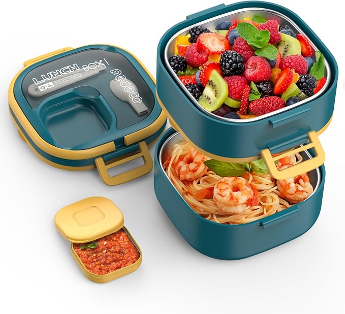 PEDECO Double-Layer Bento Lunch Box for Kids & Adults with Removable Stainless Steel Dividers,Dressing Container,BPA-Free,Dishwasher Safe - Includes Utensil,(Blue,Non-Insulated)