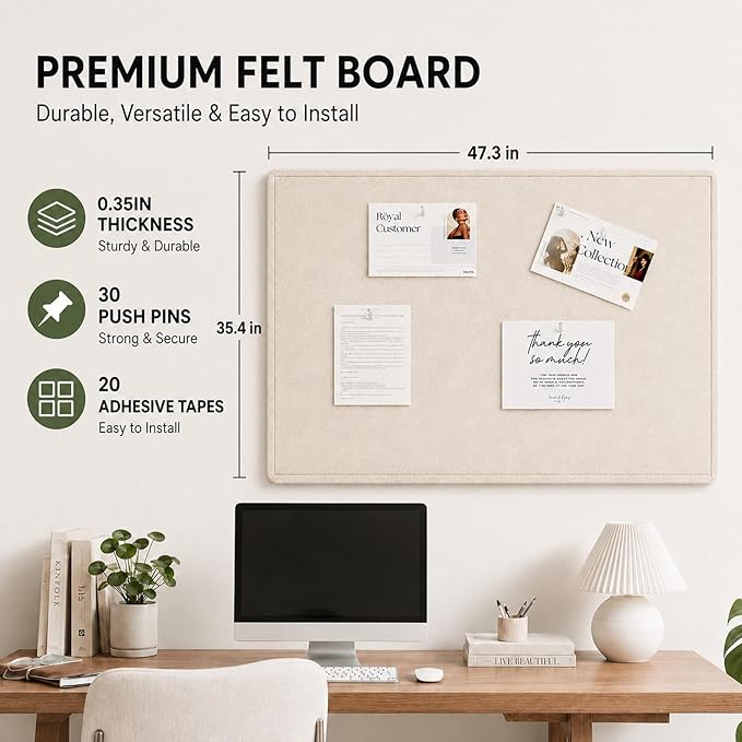 Felt Bulletin Board for Wall 48" x 36" Unfolded Size, Large Frameless Felt Pin Board, Soft Cork Board Alternative for Office, Home Planning, Notes, Photos & Wall Decor, Foldable Shipping, Easy Install