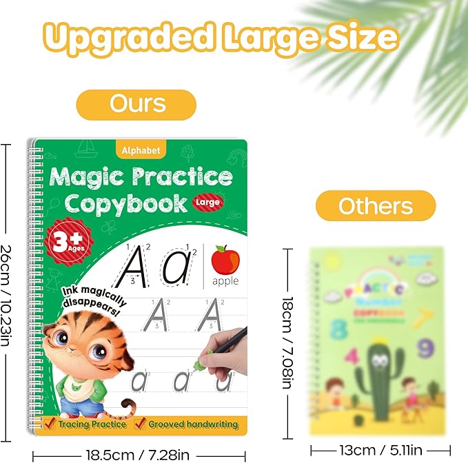 Large Magic Grooved Practice Copybook 5 Pack with Pens, Reusable Children's Magic Copybooks, Magical Handwriting Workbooks Number Letter Tracing for Kids Age 3-8 Kindergarten Preschool Calligraphy