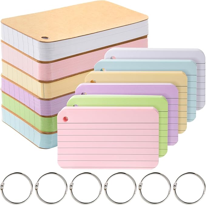 zmybcpack 6 Pack Lined Index Cards 3 x 5 Inches, 600 Pcs Colored Ruled Index Flashcards Lined Flash Cards with Rings for Study, Office and Home