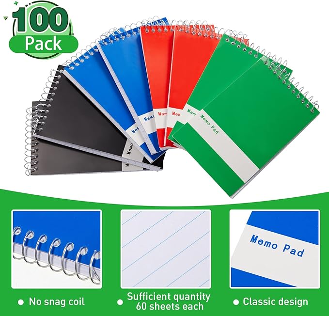 Thenshop 148 Pads Spiral Memo Pads Bulk 3 x 5 Inch Small Pocket Notepad Top Bound Lined 60 Sheets Mini Notebooks for School College Office Home Supplies (Black,Green,Dark Blue,Red)