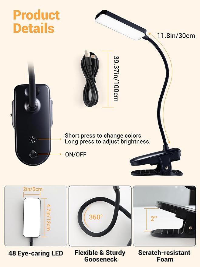 Clip on Light,9 Brightness+5 Colors Rechargeable Lamp,4000mAh Battery Powered Lamp,450 Lumen 48 LED Desk Lamp with Clamp,Cordless & Wireless Lamp,Reading Light for Bed/Headboard/Table/Dorm/Home Office