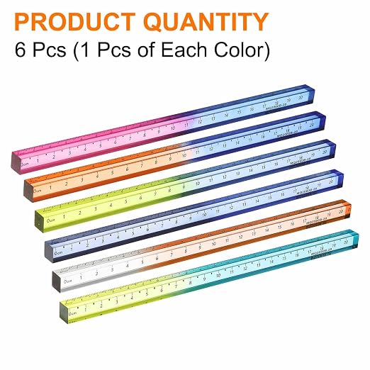 HARFINGTON 6pcs Acrylic Clear Straight Rulers 20cm Metric Transparent Gradient Three-Dimensional Plastic Ruler Square Cube Measuring Tool for Classroom Office, 6 Colors