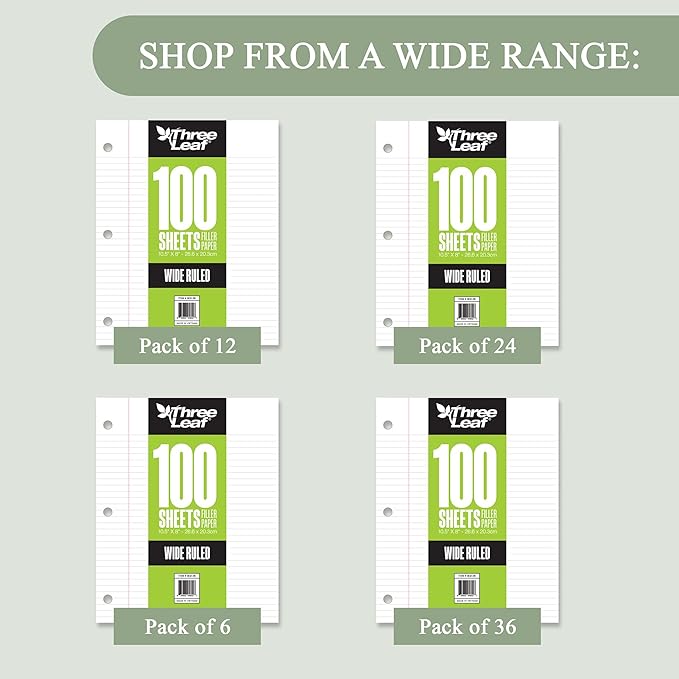 Three Leaf 100 Sheets Wide Ruled Filler Paper, 2880 Ct. (80 Cases X 36 Filler Paper), Loose-Leaf Sheets For School And Office 100 Ct. Filler Paper, Notebook Paper