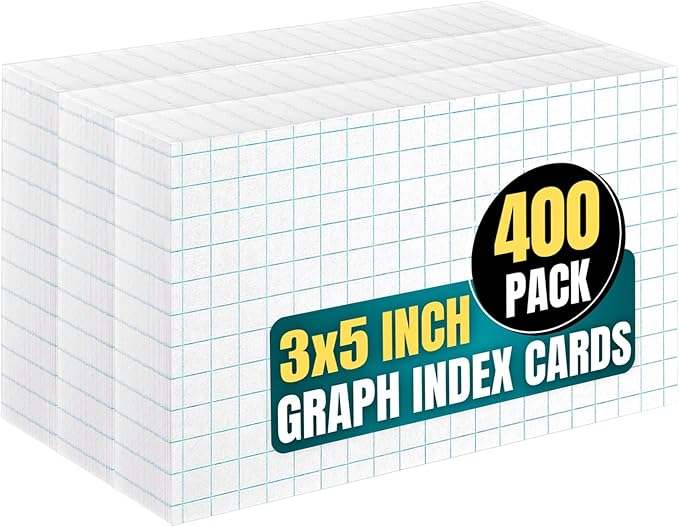 1InTheOffice Graph Ruled Index Cards 3x5, Index Cards Grid Ruled, Lined Notecards 3x5, White, 400 Pack