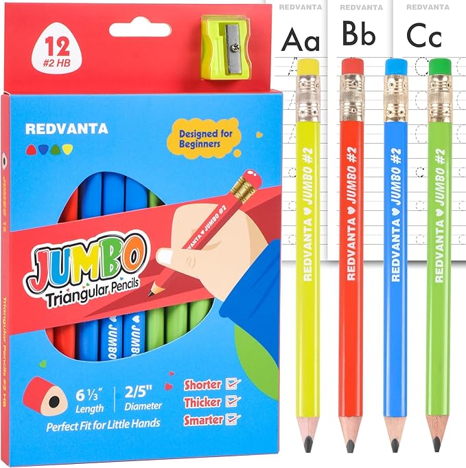 Jumbo HB Pre-sharpened Pencils #2 for Toddlers Preschoolers First Writing, Thick Triangular Grip Fat Pencils with Latex-Free Erasers, Break-Resistant, Back to School Supplies, 12 Count