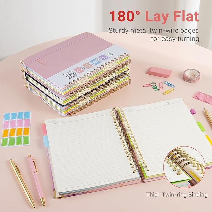 Hardcover Spiral Journal Notebook, 300 Pages 5 Subject Notebook College Ruled with Removable Dividers Tabs, 8" x 10" Notebooks for Work, Spiral Ruled Lined Writing Journal, Hardcover Leather Notebook for School (Pink, 8''x 10'')
