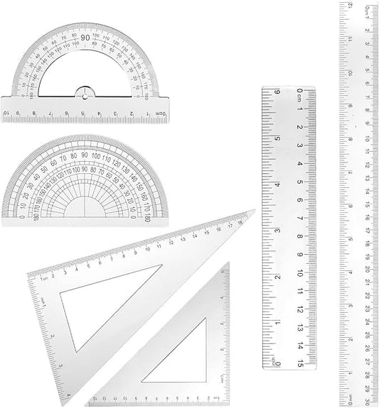 6pcs Transparent Plastic Geometry Kit Plastic Clear Ruler Math Set, Includes 6/12 Inch Straight Rulers, 2 Protractors 180 Degree, 2 Triangle Rulers Measuring Tool for Office Home Drawings