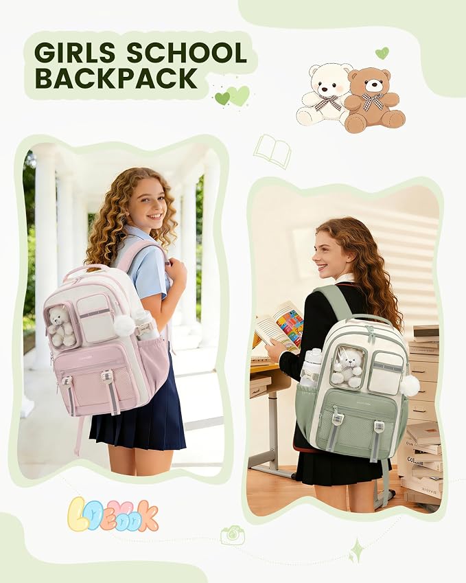 LOVEVOOK Cute School Backpack for Girls Ages 8-14, Bookbag with Plush Bear & Clear Display Pocket, Fits 15.6 Inch Laptop & 40oz Tumbler, Back to School Backpack for Elementary & Middle School