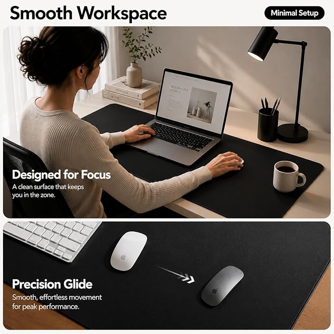 AFIING Leather Desk Pad Protector, Large Mouse Pad, Dual-Sided PU Leather & Natural Cork Desk Mat, Non-Slip Waterproof Laptop Desk Blotter for Office and Home, 23.6" x 13.7", Black
