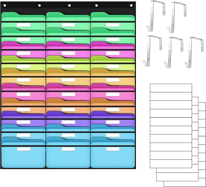 ABCxGOOD 30 Pockets Hanging Wall File Organizer, Transparent Clear Pockets Storage Chart with Over Door Hooks for Office, Classroom & Home, File Folder & Paper Organizer, Includes Labels (30 Pockets)