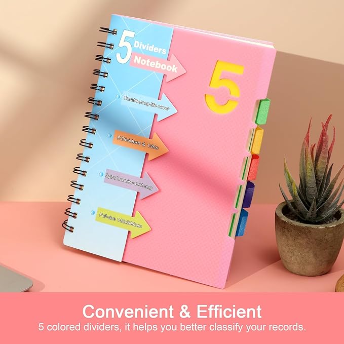 CAGIE 2 Pack 5 Subject Notebook with Dividers 220 Pages Spiral Notebooks with Tabs 6x8 A5 Spiral Bound Journal for Note Taking Work School Supplies, Pink
