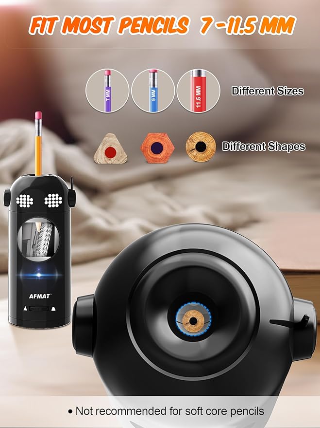 AFMAT Electric Pencil Sharpener Fully Automatic, Colored Pencil Sharpeners for 7-11.5mm Pencils, Rechargeable Hands-Free Robot Sharpener for Classroom, Home, Office, Battery Operated, PSX5EW, Black