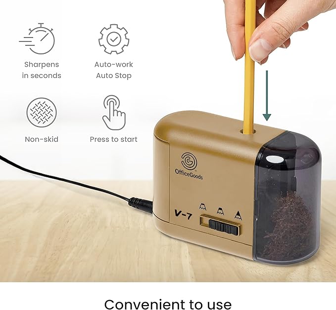 OfficeGoods Electric Pencil Sharpener - Battery or Cord Powered Portable Sharpener - Perfectly Sharpens Colored Pencils, Drafting Pencils for Kids, Adults, Office, School and Home - Gold
