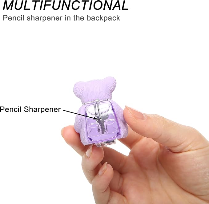 HILAZA 8Pcs Cute Backpack Bear Erasers Desk Petski, Kawaii Fun Animal Erasers with Pencil Sharpener for School Classroom Supplies Prize Gifts Party Favors