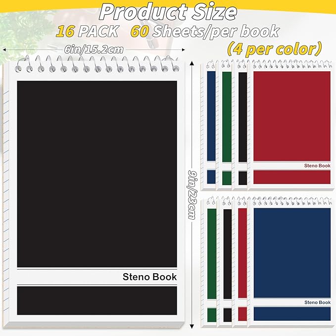 16 Pack Steno Pads 6 x 9 in Top Spiral Notebook Bulk Pack 4 Classic Color Note Pad 960 Total Sheets Gregg Rule Steno Notebooks for School Office Home Students Teachers Organized Daily Notes Planners