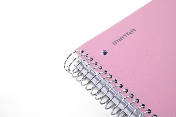 Mintra Office Durable Spiral Notebook, 5 Subject (SPRING PINK, College Ruled 1pk) - 200 perforated lined smooth paper sheets, 5 Poly Pockets, quality poly cover, coil lock - perfect multi-subject notebook for school, work, college and home