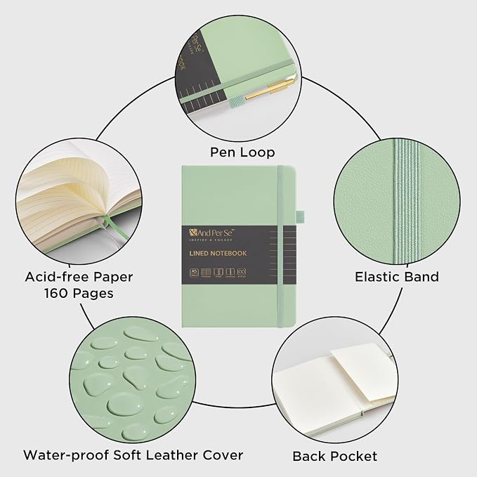 &And Per Se Lined Journal and Pen Set, A5 Leather Hardcover Notebook with Pen & Stationary Set, 160 Pages 100GSM Thick Ruled Paper Journal for Business Work Writing (Light Green)