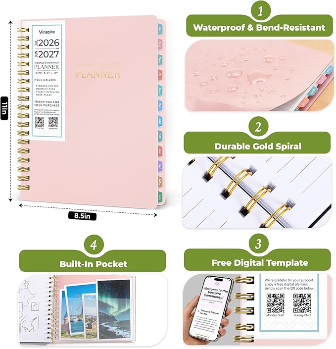 Vinspire 2026 Planner - Yearly, Monthly, and Weekly Planner 2026-2027 for Teachers & Students - Spiral US Academic Year Student Calendar Planners with Notes Pages 2026 Planner Weekly and Monthly - Large (Pink, 8.5"×11")