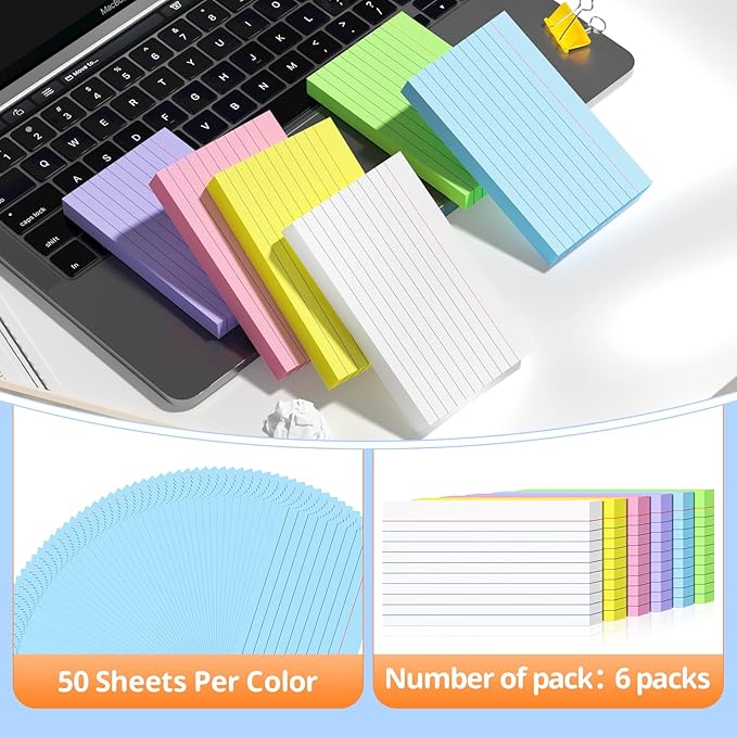 Colored Index Cards 3 X 5, 300 Count, Flash Cards For Studying, Lined Flashcards Notecards, Study Card, Ruled Front And Blank Back, Heavy Note Cards For Office, Home And School