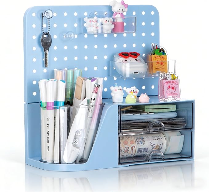 Comix Desk Organizer with Drawer, 360° Rotating Pen Holder for Desk, Pen Organizer with 5 Slots Pencil Holder+Pegboard+2 Drawer for Office Home Art Supplies (Blue)