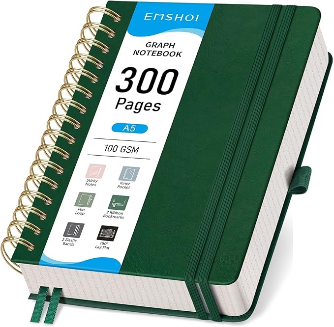 EMSHOI Spiral Graph Notebook, 300 Pages, A5 Small 5.7"x8.22", 100 GSM Thick Paper, PU Leather Hardcover, 5mm Grid Journal for Work School Math Engineering Writing Graphing, Dark Green