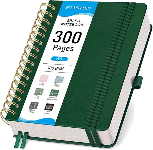 EMSHOI Spiral Graph Notebook, 300 Pages, A5 Small 5.7"x8.22", 100 GSM Thick Paper, PU Leather Hardcover, 5mm Grid Journal for Work School Math Engineering Writing Graphing, Dark Green