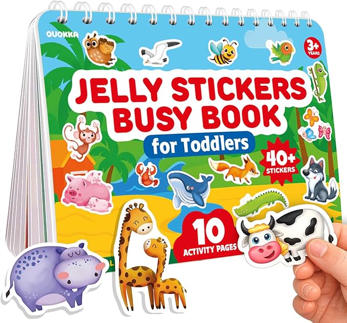 QUOKKA Jelly Sticker Books for Toddlers 1-3, 10 Animal Topics, 40+ Large Thick Reusable Stickers, Waterproof Washable Toddler Activity Busy Book, Learning Toys for Shapes Colors Matching Animals