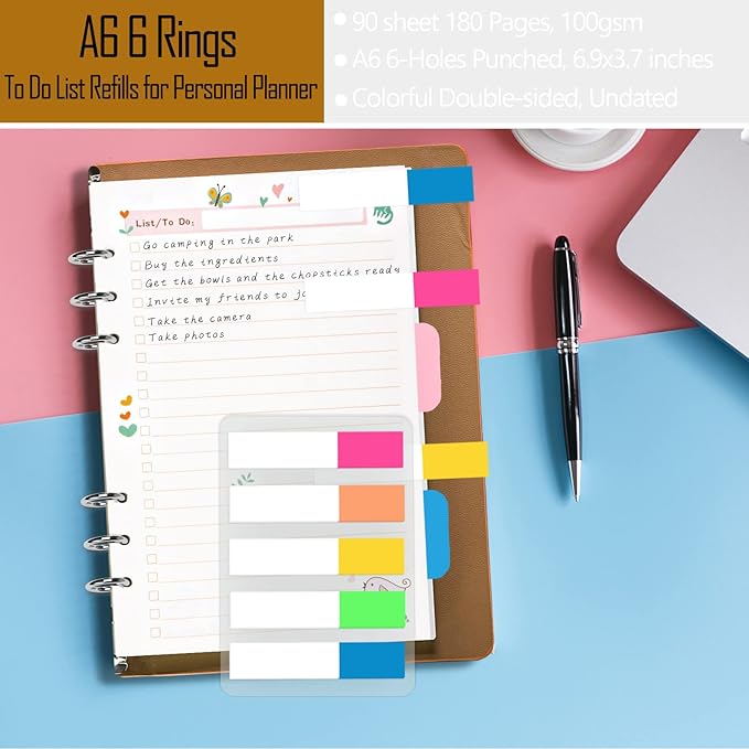 Rancco A6 Planner Inserts to Do List, 90 Pages Colorful 6-Ring Loose-leaf Planner Refills w/Binder Divider, Zipper Pouch, Ruler, Index Tab for Personal Journal, Filofax, Double-sided,Undated,6.9x3.7"