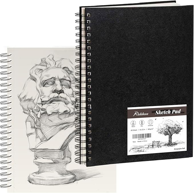 KAKKUE 9" x 12" Hardcover Sketch Book, 160gsm/80 Sheets Thick Sketch Paper Pad for Drawing & Illustration, Spiral Bound Mixed Media Art Sketchbook, Acid-Free Perforated for Artists, Beginners & Kids
