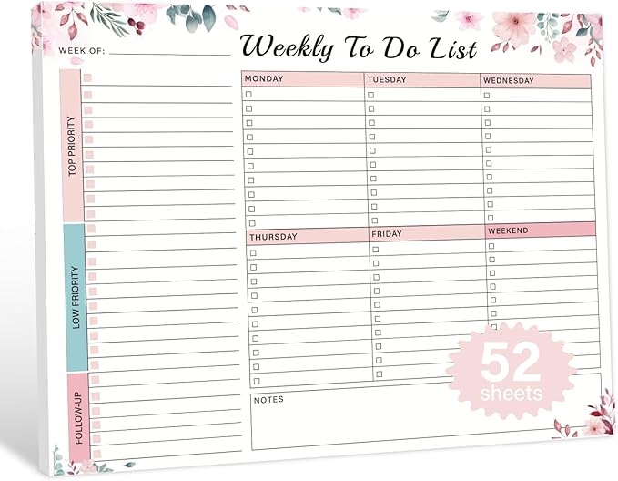 Weekly To Do List Notepad - 52 Undated Glue Bound Tear-Off Sheets (8.5"x11") for Desk Planning | Home, Work & School Organization Pad for Women & Men (Pink)