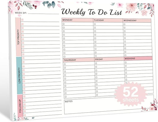 Weekly To Do List Notepad - 52 Undated Glue Bound Tear-Off Sheets (8.5"x11") for Desk Planning | Home, Work & School Organization Pad for Women & Men (Pink)