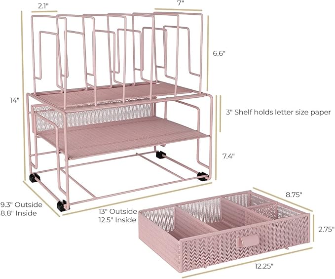 BLU MONACO | Pink Desk Organizer with Drawer | Wire Mesh Desk Organizer File Sorter | Metal Desktop Storage for Office Workspace