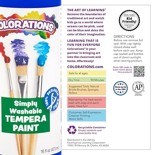 Colorations Paraben-Free Washable Tempera Paint for Kids - 8 Ounce Bottles, Set of 6 Colors, Non-Toxic and Made in the USA