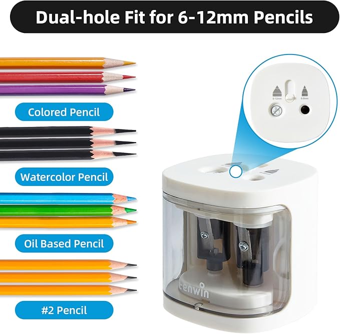tenwin Electric Pencil Sharpener, Dual Hole Pencil Sharpeners Battery Powered, Small&Portable, Fit for 6-12mm No.2/Colored Pencils, Kids, School/Home (White)