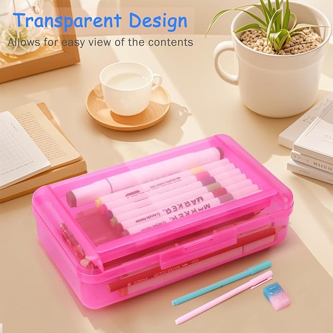 Double Layer Large Capacity Pencil Box,Plastic Translucent Pencil Box, Hard Pencil Cases with Snap-Tight Lid for Pens, Pencils, School Supplies,Office Supplies,Medium-sized,1 Pack