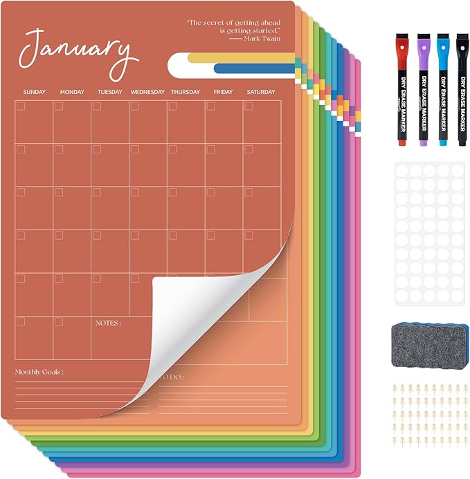 Ospelelf Undated Wall Calendar Dry Erase 12 Month, 12" x 17" Laminated Calendar Monthly Office Calendar 2026, 12 Sheets