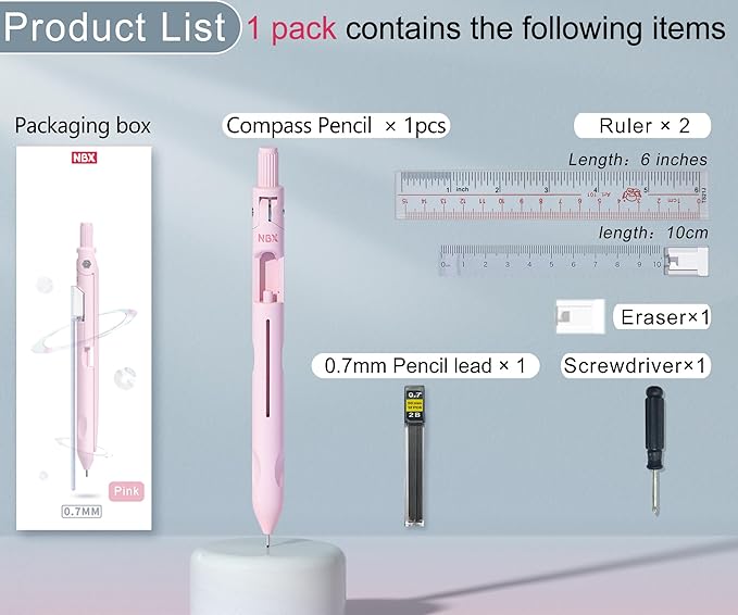 Compass for Geometry with Pencil, Includes Automatic Pencil, Compass, Ruler, Eraser 4 in 1 Set, Circle Compass Drawing Tool for Math, Drafting, Drawing, for Students, Kids, 1-Pack(Pink)