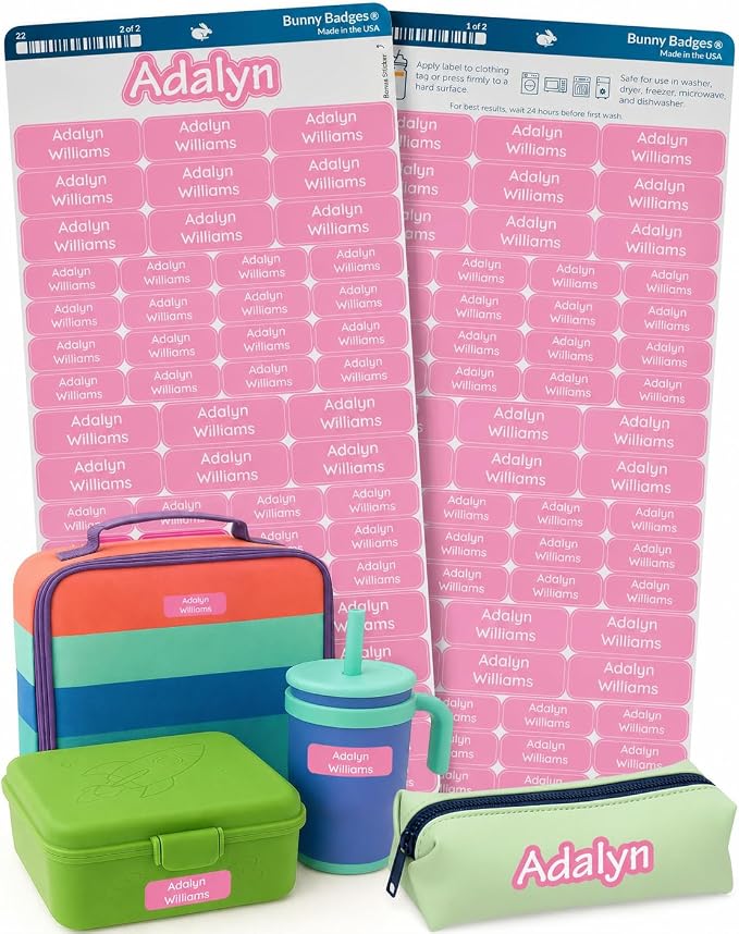 Bunny Badges Personalized Daycare Name Labels for Kids (120 Labels) Custom Label for Clothing Tag - Waterproof Name Stickers for Clothing Tags, Bottles, Backpacks and School Supplies (Rose Pink)